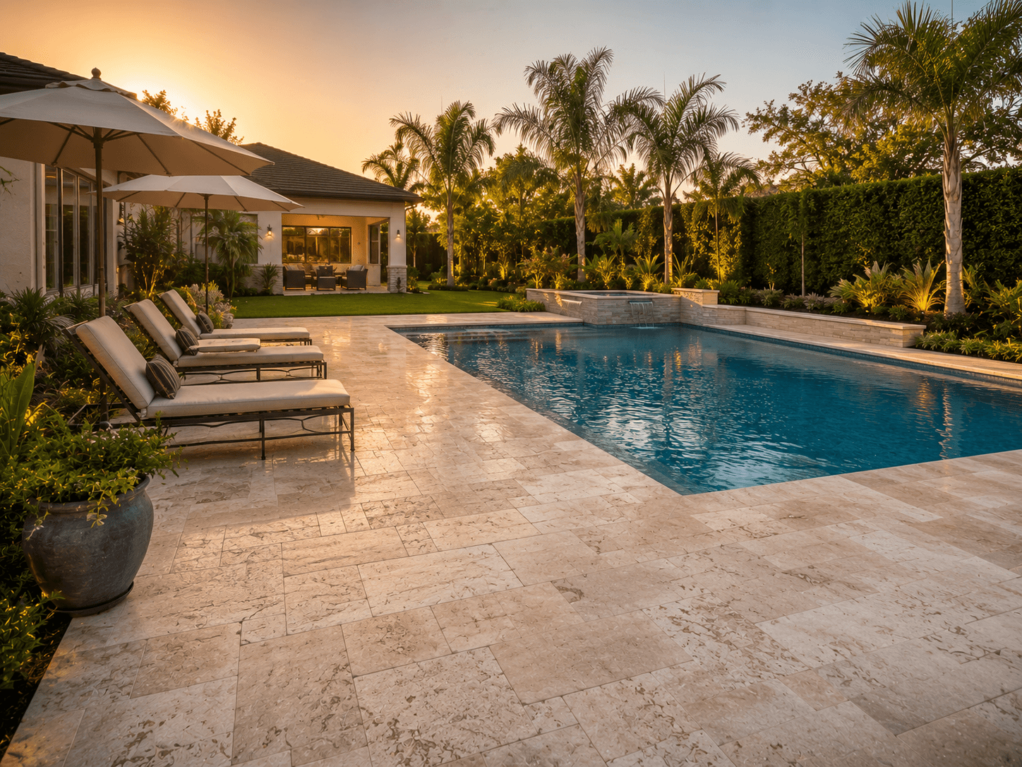 Travertine Pool Deck — Hardscape project by E-Care Pro Landscaping in Brentwood, CA